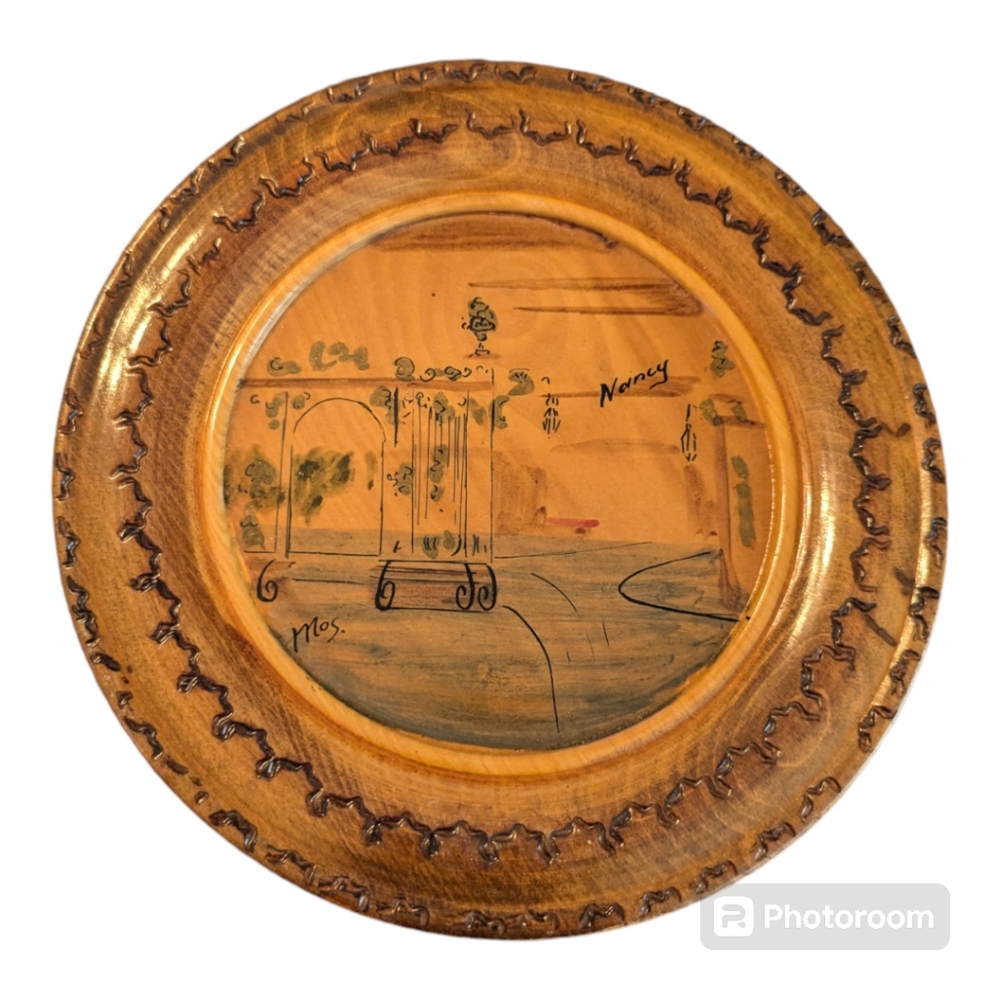 PHALSBOURG France Commune Pyrography Wooden Souvenir Plate Wall Hanging 7.75"